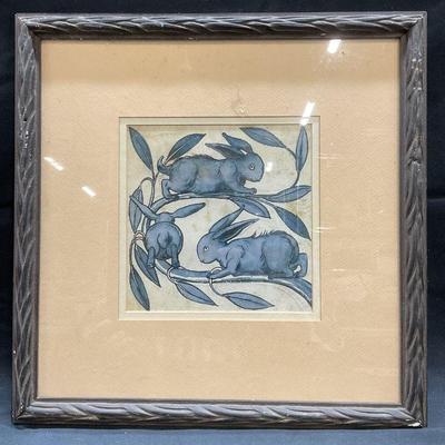 Framed Three Blue Rabbits Lithograph Print
