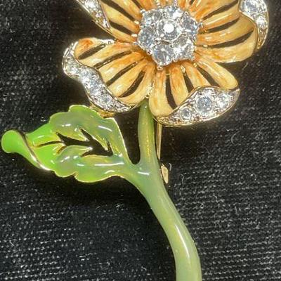 Nolan Miller Gold Tn Enamel Crystal Flower Brooch
