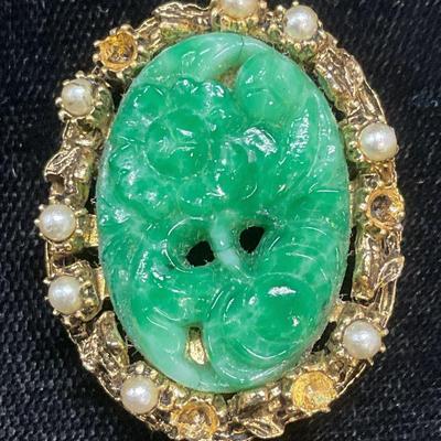 Vintage Gold Tn Faux Jade Pearl Brooch
