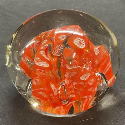 Hand Blown Orange Art Glass Millefiori Paperweight
