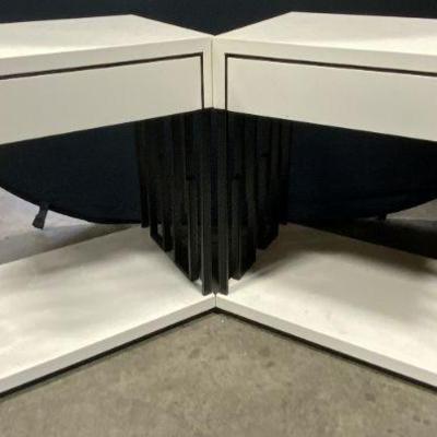 Pair White Lacquer Wooden One Drawer Nightstands
