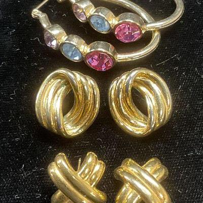 Lot 3 Monet Gold Tn Earrings, Crystal Earrings
