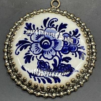 Vintage Blue & White Floral Ceramic Pendant

