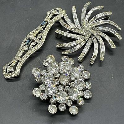 Lot 3 Vintage Silver Tone Metal Crystal Brooches
