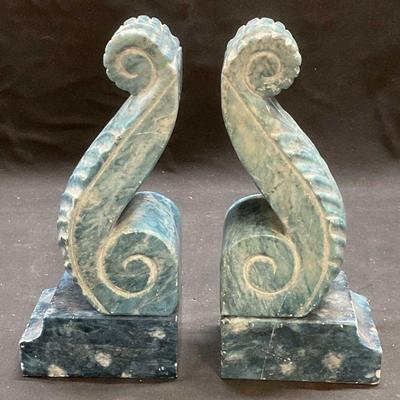 Pair Vtg Blue Alabaster Scroll Bookends, Italy
