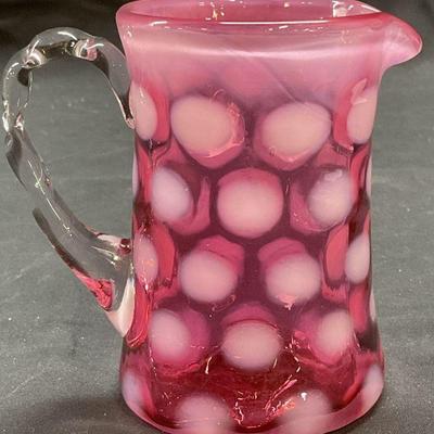 Hand Blown Pink Ruby Dot Art Glass Creamer
