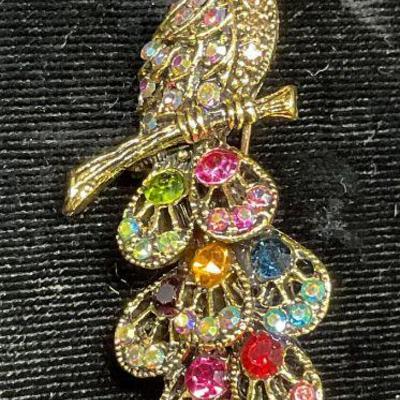 Gold Tone Crystal Peacock Brooch
