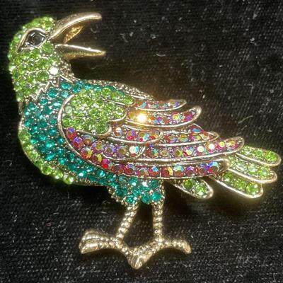 Gold Tone Green Crystal Bird Brooch
