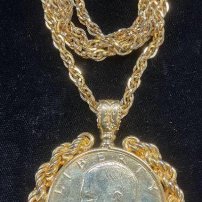 Gold Tone Eisenhower Dollar Coin Necklace
