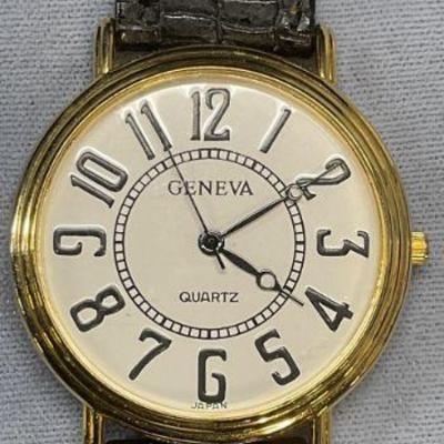 Geneva Gold Tone Black Leather Watch
