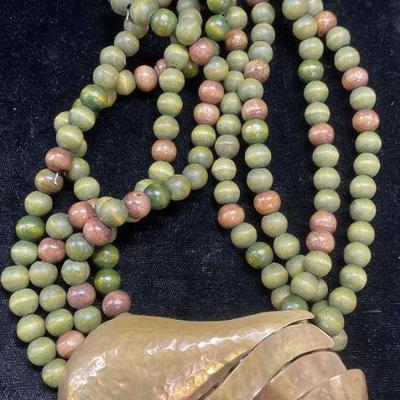 Vintage Green Beaded Brass Pendant Necklace
