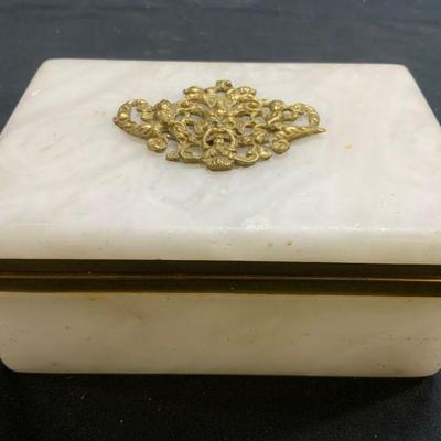 Vntg Natural Stone & Gilt Metal Keepsake Box W Lid
