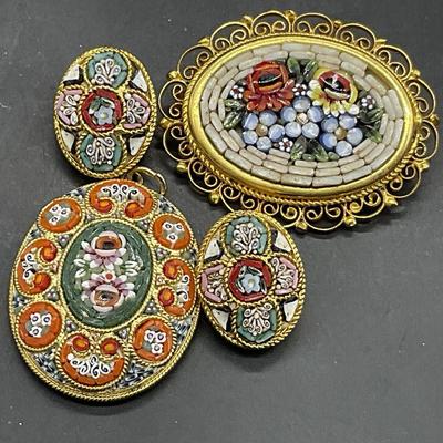 Lot 3 Italian Millefiori Mosaic Earrings, Brooch +

