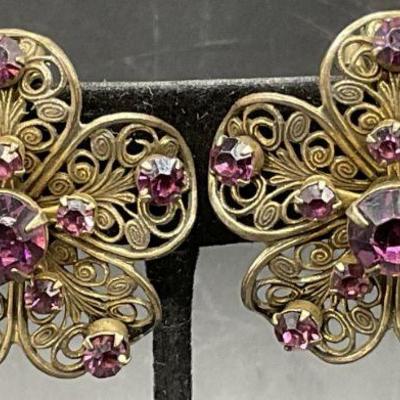 Vintage Filigree Metal Floral Crystal Earrings
