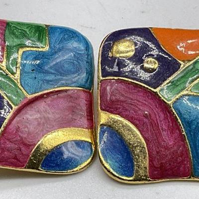 Vintage Multicolored Geometric Clip On Earrings
