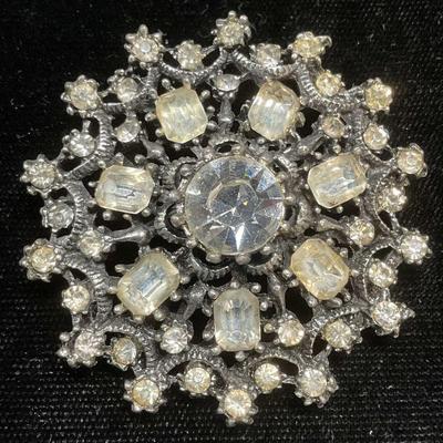 Vintage Silver Tone Crystal Flower Brooch
