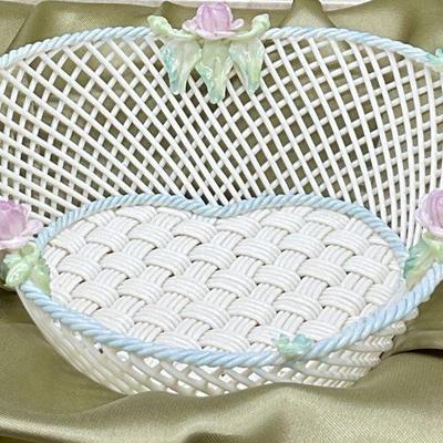 BELLEEK IRELAND Woven Porcelain Floral Basket, Bx
