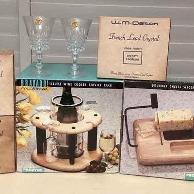 MMS127 WM Dalton French Lead Crystal Goblets, Wine Cooler Service Rack & Cheese Slicer/Serving Board
