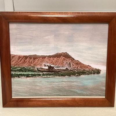 MMS208 Koa Framed “‘Flying Boat’ Over Waikiki Beach” Digital Color Print 