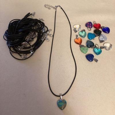 MMS155 Fifteen Polished Stone Heart Pendants With Cord Necklaces New