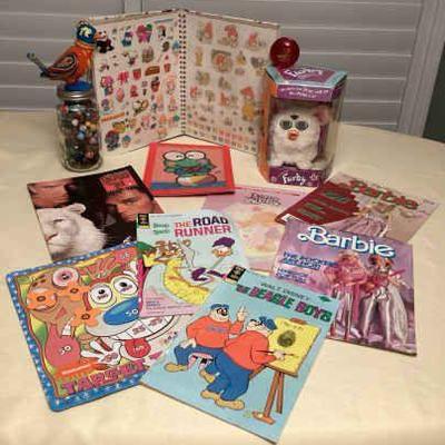 MMS195 Vintage Furby, Marbles, Sticker Book, Barbie Magazines & More!