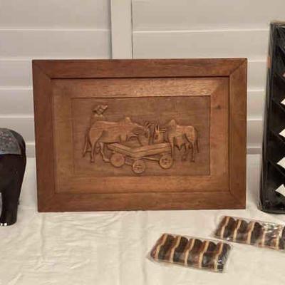 MMS198 Carved Wooden Picture Of Water Buffalo, Carved Wooden Elephant, Rose Wood Chopsticks & More!