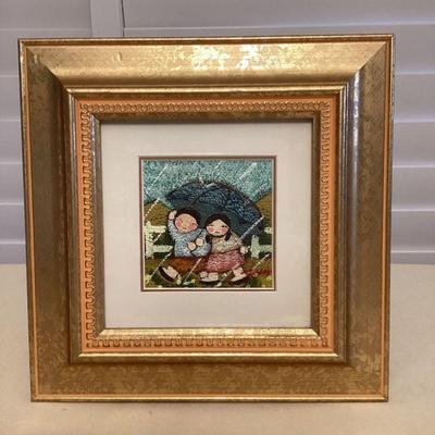 MMS050 Framed Original Painting Of Children Walking In The Rain Signed