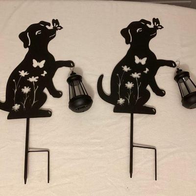 MMS062 Two Black Metal Dog Silhouettes Holding Solar Lanterns New