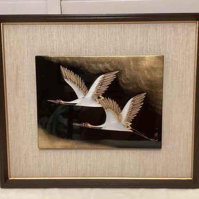 MMS182 Framed Japanese Lacquer Art Painting Of A Pair Of Red Capped Cranes