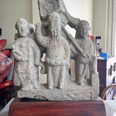 stone carving On Wood Base / possibly a temple bracket or a section of a stupa