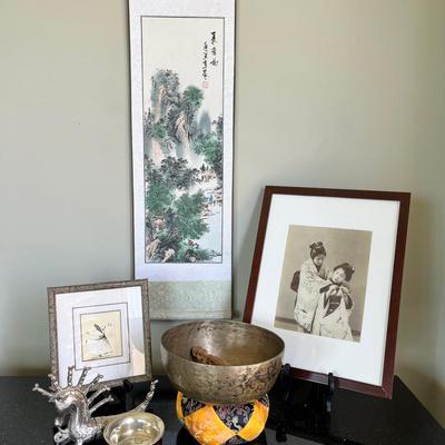 Tribal Silver Medicine Container, Brass Singing Bowl & Framed Art
