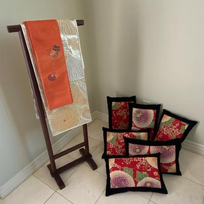 Wooden Kimono Rack & Velvet Floral Throw Pillows