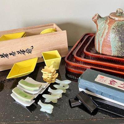 Sushi Dishes, Ceramic Teapot & Lacquered Trays