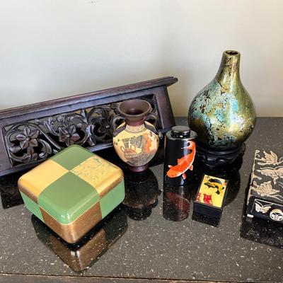 Wood Shelf, Boxes And Vases