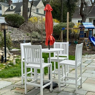 (6pc) WOOD High Top Patio Table Set | High top wooden outdoor bar table with 4 matching chairs, painted white, includes orange umbrella...