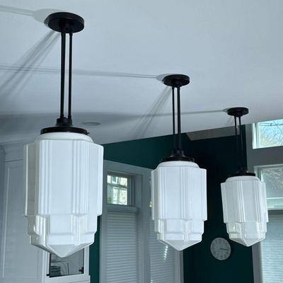 (3pc) Art Deco Milk Glass Pendant Lighting Fixtures | Set of 3 art deco style pendant light fixtures with milk glass shades. Dimensions:...