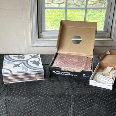 Group Misc. Times | Including 11 patterned 12.25 x 12.25 in. tiles, a box of mesh-mounted porcelain mosaic tiles, and a box of white...