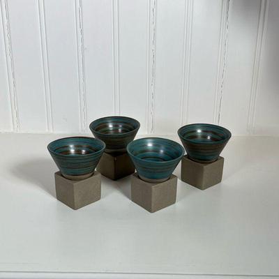 (4pc) Art Ceramic Mugs | Conical coffee/tea cups in creative Japanese style with removable base Dimensions: h. 3.5 x dia. 3.25 in
