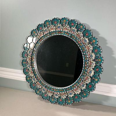 Floral Patterned Wall Mirror | Circular wall mirror with flower-painted glass border. Made in Peru. Dimensions: dia. 23 in
