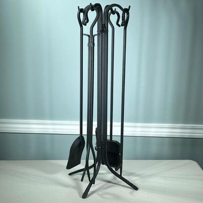 Fireplace Tools | Stand with 4 piece fireplace set including; broom, shovel, prongs, and poker. Dimensions: h. 34 x w. 9 in
