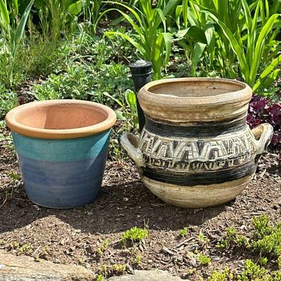 (2pc) PAIR CERAMIC PLANTERS | Pair of ceramic glazed planter pots including geometrically decorated planter with handles and other....
