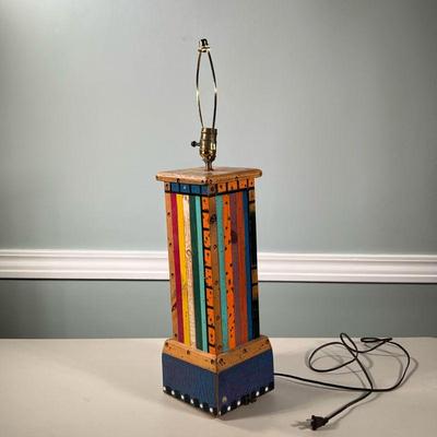 Painted Table Lamp | Colorful carved wood & painted table lamp with bright colors of orange, greens, yellow and pink. Dimensions: h....
