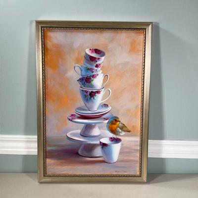 Signed Still Life Oil Painting | Tea time Oil on canvas Signed & dated lower right Dimensions: h. 26.5 x w. 18 in (Frame)
