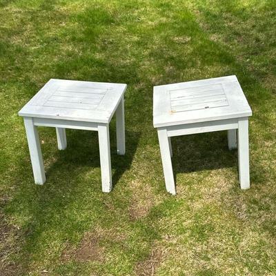 (2pc) Pair Outdoor WOOD Patio Side Tables | Pair of white painted wood patio side tables Dimensions: h. 18 x w. 18 x d. 18 in
