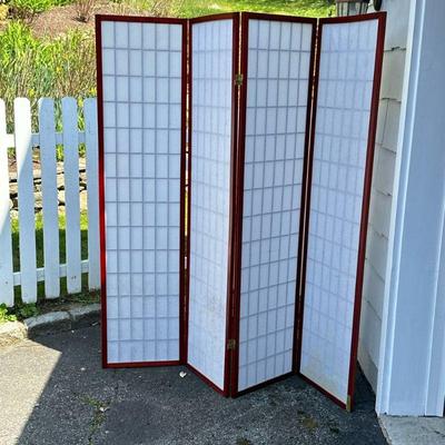 Japanese Style Floor Screen | Red stained wood with paper backing. Dimensions: h. 70.25 x w. 17 in (each panel)
