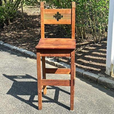 MISSION STYLE STOOL | Mission style carved wood stool. Dimensions: h. 46 x w. 17 x d. 17 in
