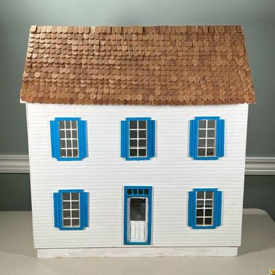 COLONIAL Dollhouse | Having open back with three stories, painted white with blue trim and wooden shingles. Dimensions: h. 29 x l. 27 x...