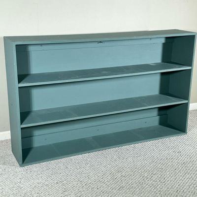 Painted Wood Bookcase | Teal painted wooden bookcase with two shelves. Dimensions: h. 36 x l. 60 x d. 11 in
