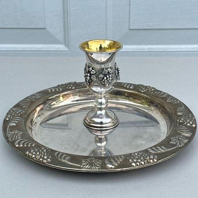 (2pc) SILVER PLATE KIDDISH CUP & PLATTER | Silver plate kiddish cup and matching platter with grape & vine decoration....