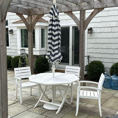 (5pc) Wooden Patio Dining Set | Octagon-shaped slatted patio table painted white with three matching chairs and a crank blue and white...